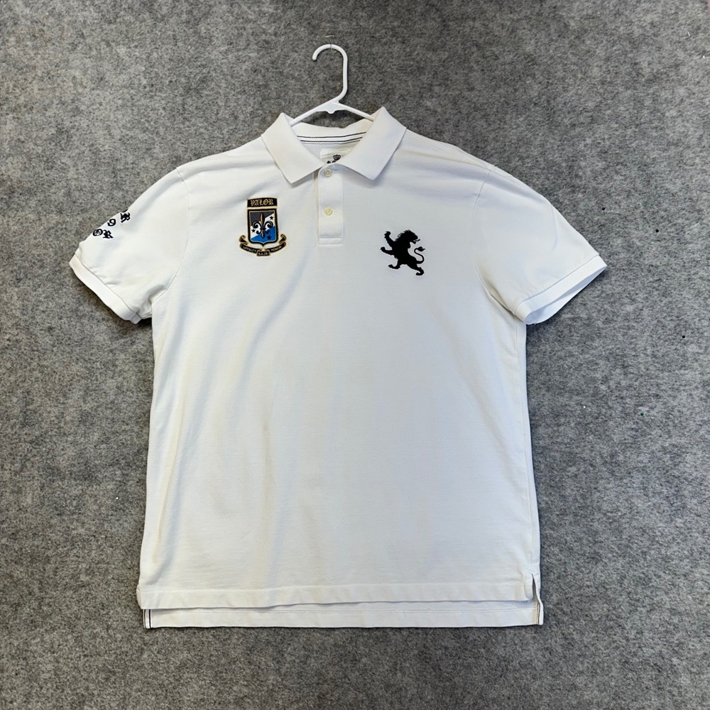 Express Polo Shirt Mens XL White Embroidered Sleeve Crest Shield Graphic